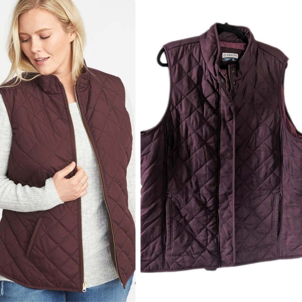 Magellan Puffer Vest Burgundy Zip Up Women's Classic Fit Casual Outdoors Winter